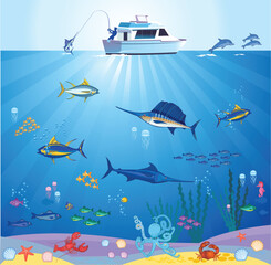 Wall Mural - Fish swimming under the sea. Fisherman in a boat