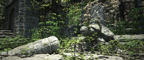 Wall Mural - The ruins of an old abandoned temple. Stone turtle statue overgrown with green vegetation. Beautiful authentic landscape. Photorealitic 3D illustration.