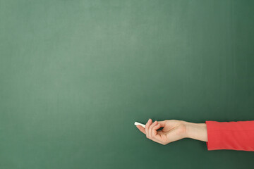 Wall Mural - English teacher near green chalkboard at lesson, closeup
