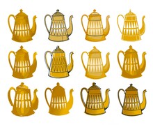The Yellow Teapot Is Drawn In Different Ways.  Yellow Object On An Isolated Background.