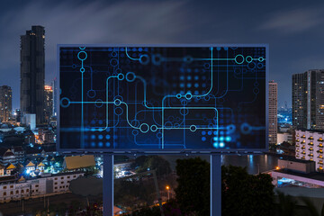 information flow hologram on road billboard, night panorama city view of bangkok. the largest techno