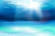 Vector Illustration With Deep Underwater Ocean Scene. Sun Rays Penetrate The Water Column. Background . Realistic Vector Illustration