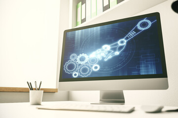 Aufkleber - Modern computer monitor with robotics technology hologram. Research and development software concept. 3D Rendering