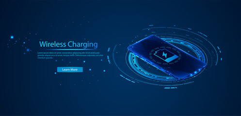 Poster - Wireless charging of the smartphone battery and batteries icon shows the charging process. Futuristic technology concept. Vector illustration. 