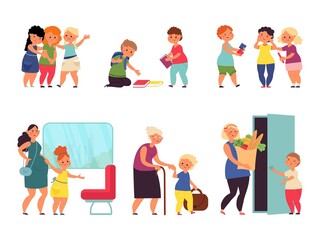 Wall Mural - Good manners kids. Child helping, cute kid kind behavior. Boy girl respect old people, pregnant woman. Etiquette decent vector set. Illustration courteous and upbringing, politeness and respectful