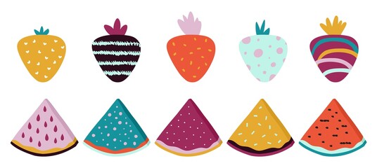 Poster - trendy fruits. doodle abstract watermelon strawberry with texture. isolated contemporary food, brigh