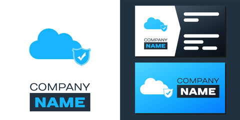 Poster - Logotype Cloud and shield with check mark icon isolated on white background. Cloud storage data protection. Security, safety, protection, privacy. Logo design template element. Vector.