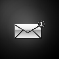 Poster - Silver Envelope icon isolated on black background. Received message concept. New, email incoming message, sms. Mail delivery service. Long shadow style. Vector.