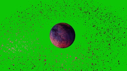 endless loop of animation of flying planet with circle of asteroide isolated on green backgroung