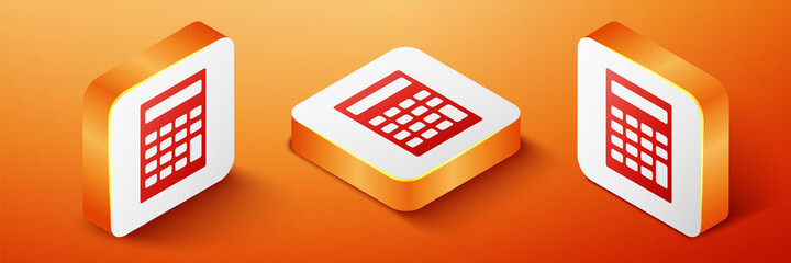 Fototapete - Isometric Calculator icon isolated on orange background. Accounting symbol. Business calculations mathematics education and finance. Orange square button. Vector.