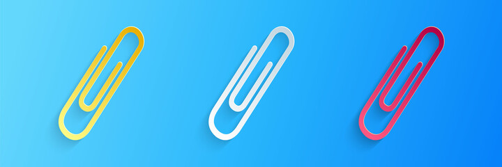 Poster - Paper cut Paper clip icon isolated on blue background. Paper art style. Vector.
