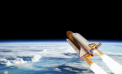 Leinwandbilder - Space shuttle on orbit of Earth planet. View from outer space. Spaceship flight. Launch and expedition. Elements of this image furnished by NASA.