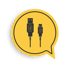 Poster - Black USB Micro cables icon isolated on white background. Connectors and sockets for PC and mobile devices. Smartphone recharge supply. Yellow speech bubble symbol. Vector.