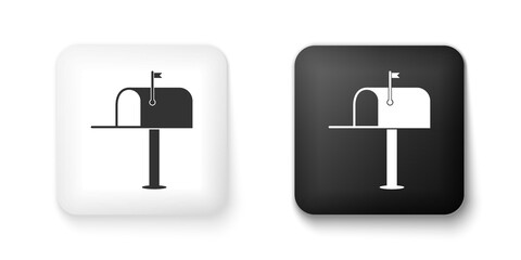 Poster - Black and white Open mail box icon isolated on white background. Mailbox icon. Mail postbox on pole with flag. Square button. Vector.