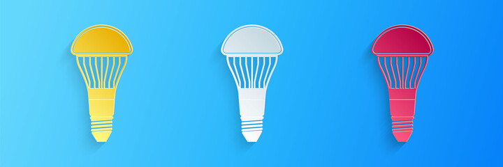 Poster - Paper cut LED light bulb icon isolated on blue background. Economical LED illuminated lightbulb. Save energy lamp. Paper art style. Vector.