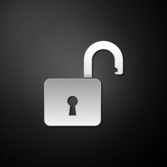 Poster - Silver Open padlock icon isolated on black background. Opened lock sign. Cyber security concept. Digital data protection. Safety safety. Long shadow style. Vector.