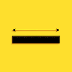 Poster - Black The measuring height and length icon isolated on yellow background. Ruler, straightedge, scale symbol. Long shadow style. Vector.
