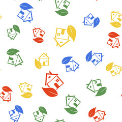 Poster - Color Eco friendly house icon isolated seamless pattern on white background. Eco house with leaf. Vector.