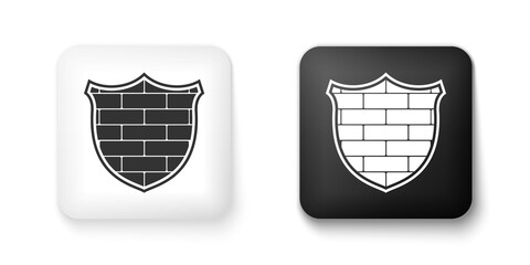 Poster - Black and white Shield with cyber security brick wall icon isolated on white background. Data protection symbol. Firewall logo. Network protection. Square button. Vector.