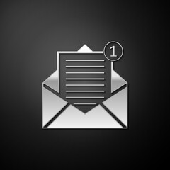 Poster - Silver Received message concept. Envelope icon isolated on black background. New, email incoming message, sms. Mail delivery service. Long shadow style. Vector.
