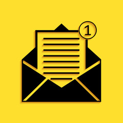 Poster - Black Received message concept. Envelope icon isolated on yellow background. New, email incoming message, sms. Mail delivery service. Long shadow style. Vector.