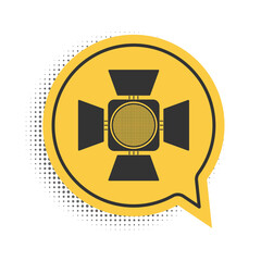 Poster - Black Movie spotlight icon isolated on white background. Light Effect. Scene, Studio, Show. Yellow speech bubble symbol. Vector.