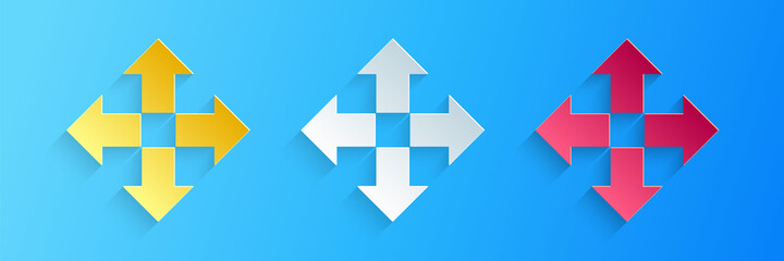 Fototapete - Paper cut Arrows in four directions icon isolated on blue background. Paper art style. Vector.