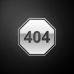 Poster - Silver Page with a 404 error icon isolated on black background. Template reports that the page is not found. Long shadow style. Vector.