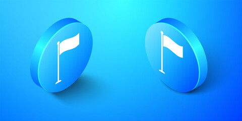 Fototapete - Isometric Flag icon isolated on blue background. Location marker symbol. Blue circle button. Vector.