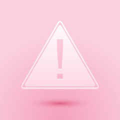 Poster - Paper cut Exclamation mark in triangle icon isolated on pink background. Hazard warning, careful, attention, danger warning important information. Paper art style. Vector.