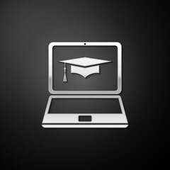 Leinwandbilder - Silver Graduation cap and laptop icon. Online learning or e-learning concept icon isolated on black background. Long shadow style. Vector.