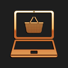 Leinwandbilder - Gold Mobile phone and shopping basket icon isolated on black background. Online buying symbol. Supermarket basket symbol. Long shadow style. Vector.