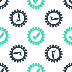 Fototapete - Green Gear with check mark icon isolated seamless pattern on white background. Cogwheel simple icon. Approved service sign. Transmission Rotation Mechanism symbol. Vector.