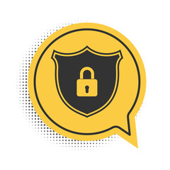 Fototapete - Black Shield security with lock icon isolated on white background. Protection, safety, password security. Firewall access privacy sign. Yellow speech bubble symbol. Vector.
