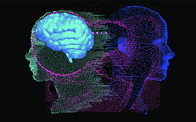 3D Illustration Human Brain Anatomy Made Of Pixels And Particles For Neural Network And Machine Learning Concept. Sci-fi Futuristic Cyberpunk Style.