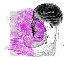 Aufkleber - 3D Illustration Human Brain Anatomy made of Pixels and Particles For Neural network and Machine Learning concept. Sci-fi futuristic cyberpunk style.
