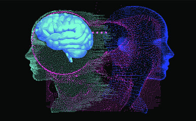 Aufkleber - 3D Illustration Human Brain Anatomy made of Pixels and Particles For Neural network and Machine Learning concept. Sci-fi futuristic cyberpunk style.