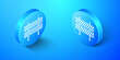 © mingirov - Isometric Road barrier icon isolated on blue background. Restricted area which are in under construction processes. Fence of building or repair works sign. Blue circle button. Vector.