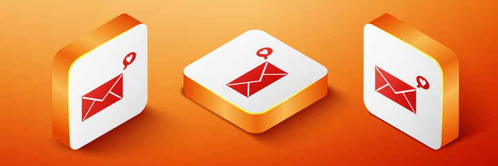 Poster - Isometric Envelope with Valentine heart icon isolated on orange background. Message love. Letter love and romance. Orange square button. Vector.