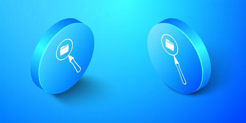 Fototapete - Isometric Search concept with folder icon isolated on blue background. Magnifying glass and document. Data and information sign. Blue circle button. Vector.