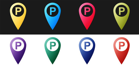 Fototapete - Set Map pointer with car parking icon isolated on black and white background. Vector.