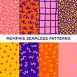 Memphis pattern collection. Set of 8 seamless simple geometric backgrounds. Vintage graphic fabric design with funky doodle shapes. Modern texture with squiggle, cross, zigzag, wave, circle, grid.