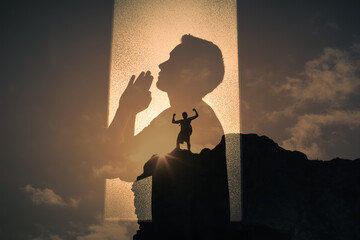 Wall Mural - Religious belief, religion, prayer. Man with praying hands praying to god for strength and courage. 