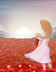 Poster - Cartoon Color Character Person Woman Enjoys Landscape Scene Concept. Vector