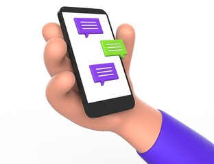 Wall Mural - social network. man hand holds a phone with chat online. person use the internet to communicate with