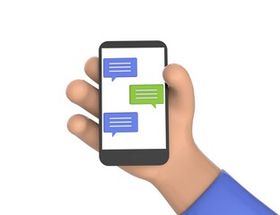 Wall Mural - social network. man hand holds a phone with chat online. person use the internet to communicate with