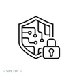 © Yurii - cyber security icon, data information protect, digital system safety, shield, padlock and circuit microchip, thin line web symbol on white background - editable stroke vector illustration eps10