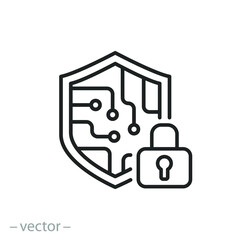 cyber security icon, data information protect, digital system safety, shield, padlock and circuit microchip, thin line web symbol on white background - editable stroke vector illustration eps10