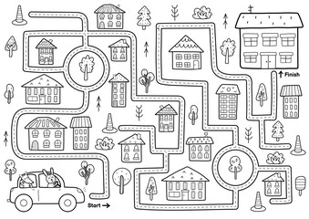 Wall Mural - Black and white maze game for kids. Help the cute rabbit and fox drive to home. Printable labyrinth activity for children. Vector illustration