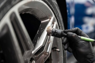 Poster - Car detailing studio worker cleaning car wheel with brush